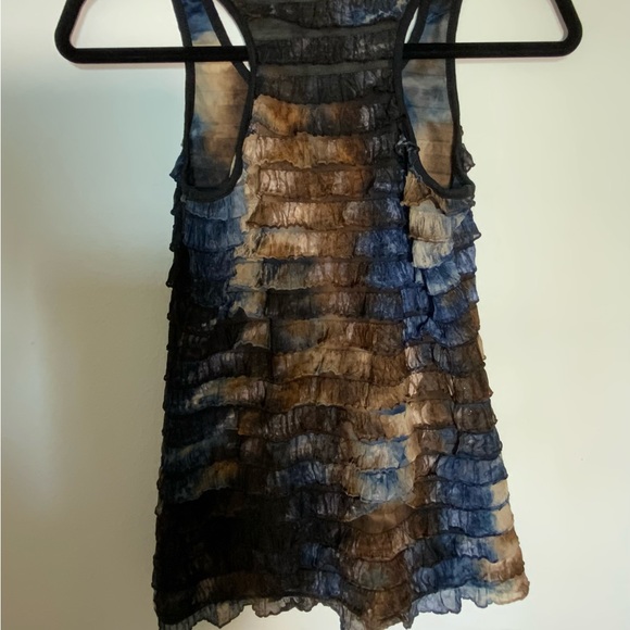 Banana Monkey Layered Frill Brown Blue Tan Sleeveless Blouse Size Small - Picture 2 of 5